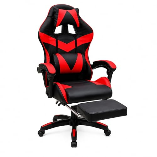 Generico Sedia Gaming Ergonomica con Poggiapiedi Estraibile e Schienale Reclinabile 90°-120°, Altezza Regolabile, Supporto Lombare e Poggiatesta Imbottito, Sedia Ufficio PC Gamer, Rosso/Nero