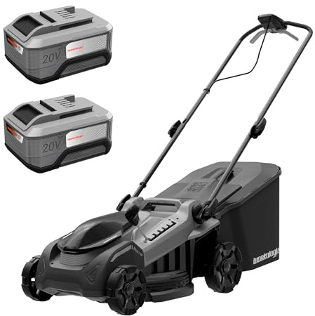 38cm 20V Bürstenloser Akku-Schieber-Rasenmäher- 2x5,0Ah | Inkl. 2x 20V 5,0Ah Akkus & Ladegerät; 370Wh, bis 500m² Reichweite, 2-in-1 Mulchen/Fangen für Rasenpflege.