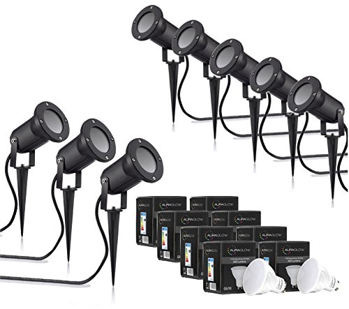 Auraglow Garden Spike Light with Cool White GU10 Bulb, Recessed, 8 Pack | IP54 outdoor uplighter, die cast holder fits long smart lamps to 80mm, 270 degree rotation, mains, tempered glass