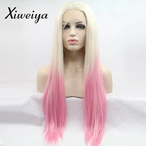 Xiweiya Kunsthaar-Perücke, mit hitzebeständigem Kunstfaser, Ombre-Blond zu Rosa, Pfirsichrot, Perücke, für Damen, Rosie Whiteley Frisur, Pink, 61 cm (24 Zoll)