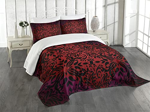 ABAKUHAUS rot schwarz Tagesdecke Set, Orient Blumen Blätter, Set mit Kissenbezügen Waschbar, für Doppelbetten 264 x 220 cm, Schwarz Bordeauxrot