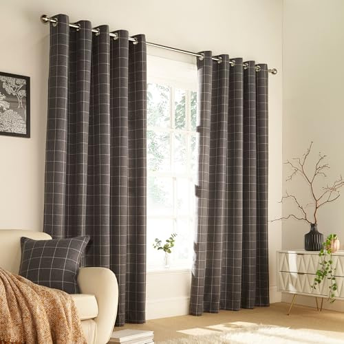 furn. Ellis Windowpane Check Eyelet Curtain Pair - Grey - 168x137cm