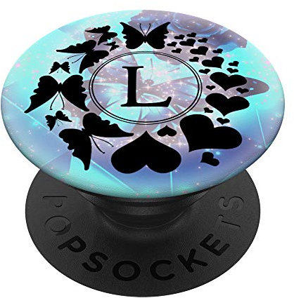 Heart Monogram Light Blue Butterfly & Rose Letter L Initial PopSockets PopGrip: Ausziehbarer Sockel und Griff für Handys/Tablets mit Tauschbarem Top