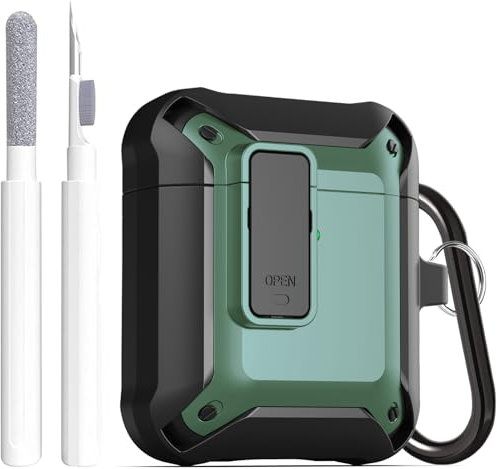 Fibuntun AirPod-Hülle, stoßfest, für Apple AirPod 2 & 1, kabellos, Schwarz / Grün