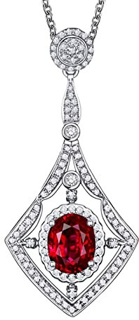 KnSam Echter Goldschmuck, Damen Kette mit Anhänger Weißgold 18K 750, Rhombic Anhänger Goldkette Echtgold 0.8ct Labor Erstellt Rubin mit Diamant, Geschenk für Weihnachten, Weiß Gold
