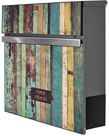 banjado® Briefkasten personalisiert Anthrazit mit Motiv Bunte Bretterwand/Briefkasten mit Zeitungsfach 37x37x10,5 cm/Postkasten A4 Einwurf inkl. Montagematerial & 2 Schlüsseln