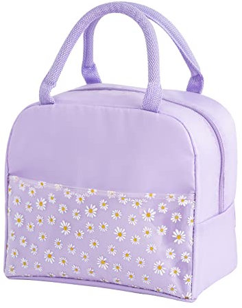 Suxgumoe Insulated Lunch Bag, Daisy Flower Portable Tote Bag Thermal Cooler Bag Waterproof Lunch Box Organizer for Women Kids Adults Office Work School Picnic Travel (Purple)