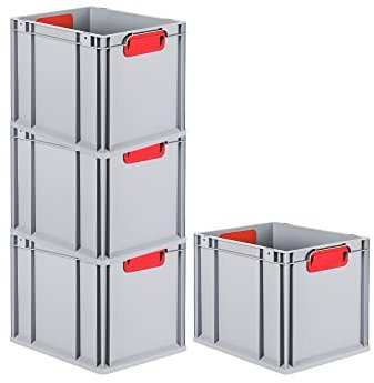 PROREGAL SuperSparSet 4x Eurobox NextGen Color | HxBxT 32x30x40cm | 30 Liter | Griffe rot geschlossen | Glatter Boden | Eurobehälter, Transportbox, Transportbehälter, Stapelbehälter