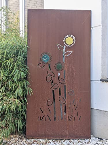 Zen Man Edelrost Garten Sichtschutz Metall 1mm Sichtschutzwand mit Glas Rost Sichtschutzwand Handarbeit B75 H150cm 032156-2