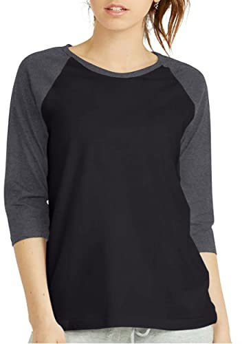 Damen-Baseball-T-Shirt mit 3/4-Ärmeln, Raglan-Shirt, Trikot, Viertelärmel, T-Shirt, Schwarz / Charcoal Gray, Groß