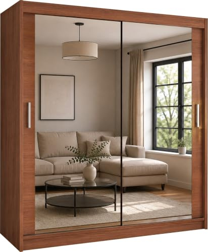 Samsun Modern Double Sliding Mirror Door Wardrobe Bedroom with Adjustable Hanging Rails, Shelves Storage Cupboard For Home Furniture (Walnut, 203cm)