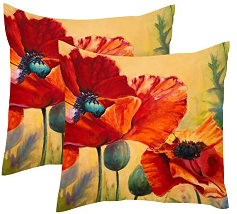 TBOUOBT Packung mit 2 Samt-Kissenbezügen, quadratischer Kissenbezug, Kissenbezug für Couchbett,Ölgemälde Retro Blumen Klatschmohn