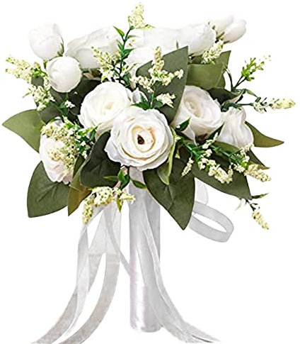 Hilai Bouquet de Flores para Novia y Dama de Honor - Ramo Artificial Blanco para Boda, Decoración del Hogar y Suministros de Fiesta