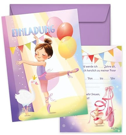 Mädchen Geburtstag Einladungskarten - 8 Stück Ballerina Kindergeburtstag Einladungen inkl. lila Umschläge mit Perlmutt-Effekt - niedliche Geburtstagskarten mit Ballettschuh, Tutu und Schwan Motiven