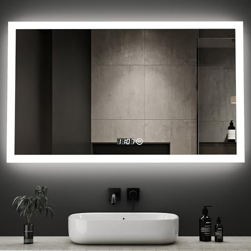 Boromal LED Badspiegel mit Beleuchtung und Uhr 100x60cm Badezimmerspiegel mit Beleuchtung 3 Lichtfarbe Dimmbar 3000-6500K 3410LM Wandspiegel Lichtspiegel LED Spiegel mit Uhr, Touch Schalter