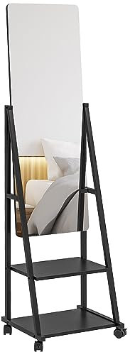 HOMCOM Free Standing Full Length Mirror, Rolling Full Body Mirror with Adjustable Angle, 2 Storage Shelves and 4 Wheels for Bedroom, Living Room, Hallway, Black