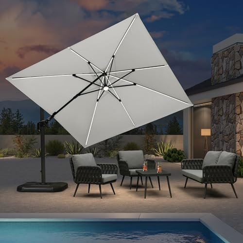 PURPLE LEAF Ampelschirm 300 x 300 cm Sonnenschirm mit LED Beleuchtung, Neigbar Kippbar Gartenschirm mit Kurbel, Aluminium Gestell, 360° Rotation, Weiß