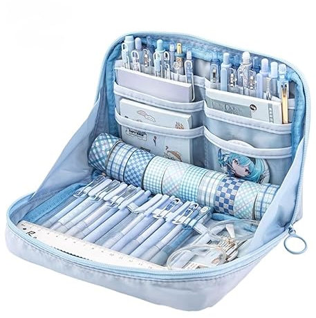 UIVXXUD Kawaii niedliches ästhetisches Federmäppchen – großes Fassungsvermögen aus Segeltuch (blau)