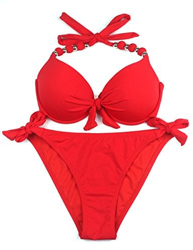 EONAR Damen Seitlich Gebunden Bikini Sets Abnehmbar Bademode Push up Bikinioberteil mit Nackenträger(L,Red)