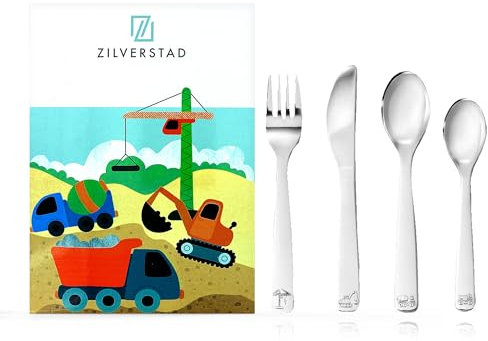 Zilverstad Kinderbesteck mit Namensgravur - Baufahrzeuge - Kran, Bagger, Betonmischer, Kipper - 4-teilig eigener Gravur/Namen auf Besteck (Gravur möglich)