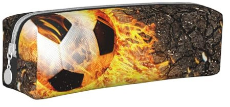 YWSOTRE Fußball im brennenden Feuer Flammen, Bleistifttasche, Federmäppchen, tragbare Bleistifttasche aus Leder mit Reißverschluss, Kosmetiktasche