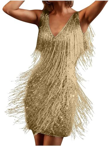 Weißes Flapper-Kleid für Damen, brüllende 20er-Jahre-Kostüme für Damen, Gasby-Outfits für Damen, Allover-Fransen, Minikleider, Vintage-Accessoires für Damen, Halloween-Kostüm, gold, 48