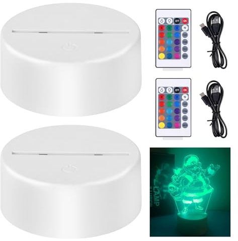 2 Stück 3D LED Nachtlicht Lichtsockel: LED Sockel mit Fernbedienung und USB-Kabel, 3D Illusion Lampe 7 Farben Lichter Dimmbar, Dekoration Lampe für Kinderzimmer, Schlafzimmer, Wohnzimmer, Bar - Weiß