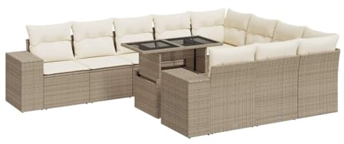 vidaXL 11-TLG. Garten-Sofagarnitur mit Kissen Beige Poly Rattan