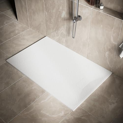 SIRHONA - Plato de ducha, 140 x 90 cm, antideslizante, rectángulo blanco, material de resina SMC, con sifón