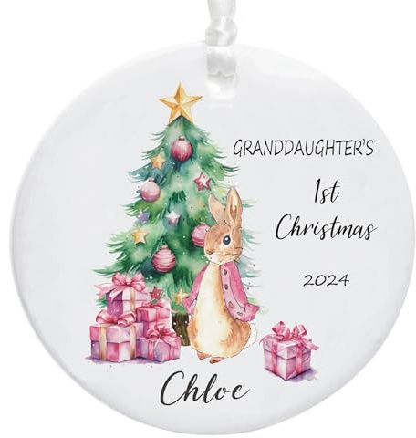Personalised Ceramic Granddaughter Keepsake 1st Christmas Tree Decoration – Pink Bunny With The Christmas Tree And Presents Design – Ideal Gift