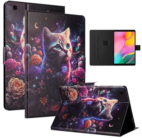 LSPCASA Hülle für Samsung Galaxy Tab A 10.1 Zoll (2019) PU Leder Schutzhülle mit Kartenfächern und Standfunktion Tablet Cover für Galaxy Tab A(SM-T510/SM-T515),Blumenkatze