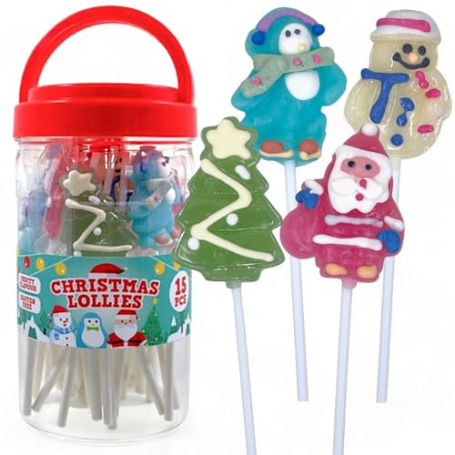 MIJOMA Weihnachtslutscher 15er Set, fruchtige Lollies Tannenbaum, Schneemann, Pinguin, Weihnachtsmann, glutenfrei, Lutscher für Adventskalender und Weihnachtszeit Lollipops, 150g