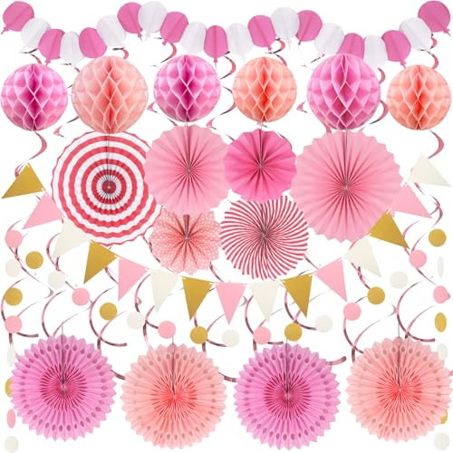 ZERODECO Rosa Party-Dekorationen, Leichte Zusammenstellung Papierfächer Wabenkugel-Girlande Hängender Wirbel Rosé Party für Mädchen Frauen Geburtstags-Bridal-Shower-Baby-Shower-Party-Dekorationen