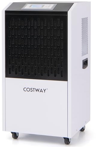 COSTWAY 120L/Day Commercial Dehumidifier, Industrial Air Dehumidifiers Building Dryer with 24H Timer, Auto Defrost, Memory Starting, Drain Hose, Wheels & Handle, Large Spaces up to 500㎡ (White+Black)