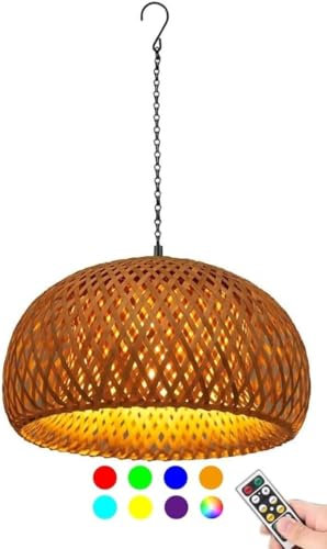 SJMFGF Rattan Bamboo Pendant Light Battery Operated with Remote,Rechargeable Chandelier with Hook,Portable Battery Powered Hanging Light Large Lantern for Porch Patio Gazebo Garden Yard(18 inch)