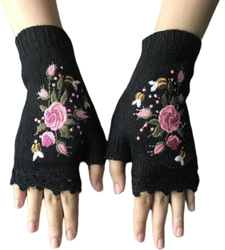 Handgefertigte Stickhandschuhe - Blumenhandschuhe, Handschuhe ohne Stricken | Floro bestickt Winter Winter Wolle geschickt Handschuhe warm gefüttert Fleece gefüttert, Schwarz , riferimento alla