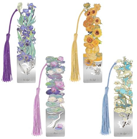 JSRQT 4 Stück Blumen Lesezeichen aus Metall mit Quaste,Hohles Buchmarken im Retro Ölgemälde Stil, Seiten Markierungen Bookmark für Buchliebhaber Frauen Lehrer Schüler Geschenk
