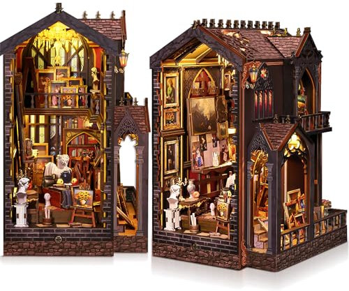 Book Nook Kit für Erwachsene - CRIOLPO DIY Miniatur Haus Holzpuzzle 3D Puppenhaus - Buchstütze für Bücherregal Deko mit Led Licht Kreatives Geschenk für Leser