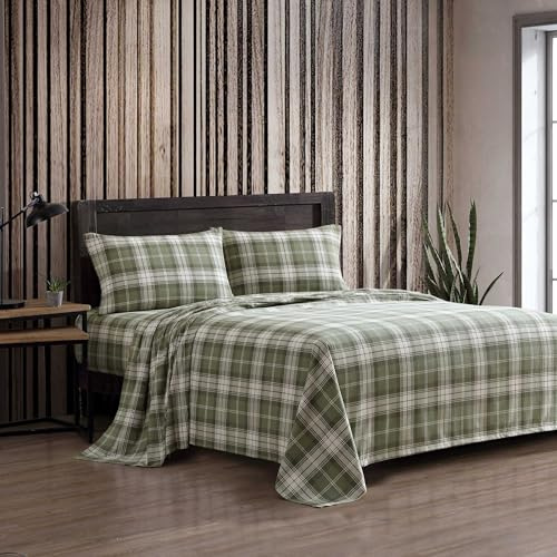Eddie Bauer - Queen Bed Sheets, Cotton Flannel Bedding Set with Matching Pillowcases, Brushed for Extra Softness, Deep Pocket, Oeko-Tex Certified (Heartland Plaid Green)