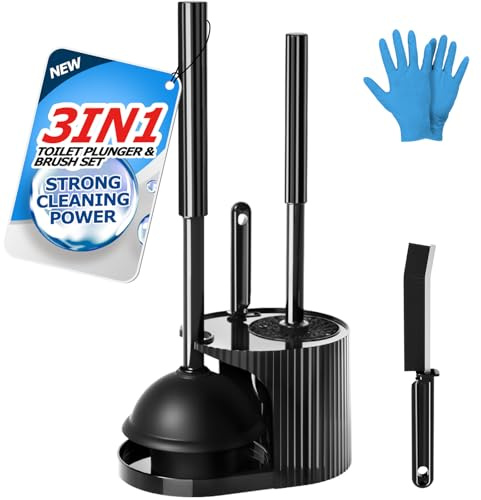 FORASTO 3IN1 Toilet Brush and Plunger Set, Crevice Cleaning Combo, Black | Bathroom Accessories, Bathroom Decor, Apartment Essentials, Home Essentials, Cleaning Supplies, Compact Floor Storage