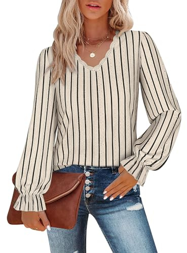 Flikity Ladies Blouses, Striped Long Sleeve T Shirts for Women Work Blouses Ladies Lace Tops Going Out Tops Tunics for Leggings Spring Autumn Winter Clothes L