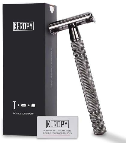 Klassischer zweischneidiger Rasierhobel im Vintage-Stil für Herren, beschwertes Schmetterlings-Kamm-Design mit 10 Keropy extra Klingen, Edelstahl-Rasierer für gründliche, glatte Rasur, mattschwarzes