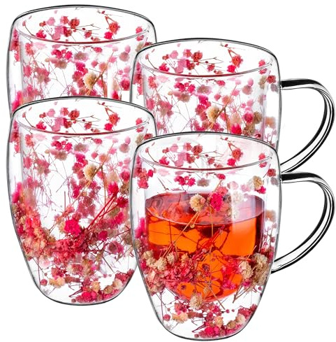 KADAX Doppelwandige Kaffeegläser 350ml, 4er Set, Thermogläser für Tee & Kaffee, Teegläser aus Borosilikatglas, Kaffeetasse mit getrockneten Blumen, Teetasse (Rosa)