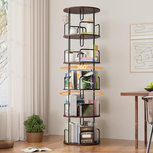 HANHAOWELL Drehbares Bücherregal, Bücherregal Kinder mit 5 Ebenen, 360 Grad Bodenstehendes Bücherregal, Multifunktionales Bücherregal für Kinder und Erwachsene (Kaffee)