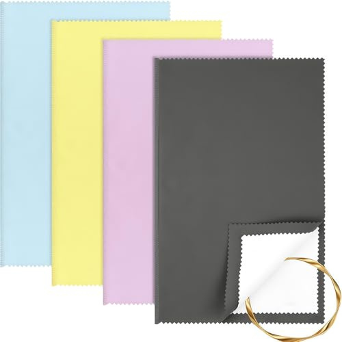 Vesavifaka 4 Stück Silberputztuch für Schmuck, Groß 25×32 cm Weiches Schmuck Poliertuch, Silberputztuch zum Reinigen von Silberschmuck, Gold, Platin (Gelb, Blau, Lila, Grau)
