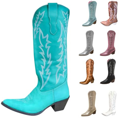 MJGkhiy Stivali Donna Texani Alti Western Stivaletti Con Tacco a Blocco Camoscio Stivale A Punta Invernali Pelle Boots Marroni Cowboy Stivali Camperos Stivaletto Comodi