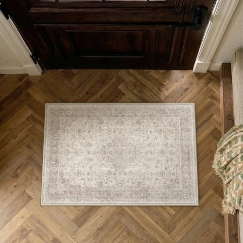 PureCozy Beige FußMatte Innen 60x90 cm Waschbarer Vintage Teppich | Weich Kurzflor, Rutschfest, Leicht, Schlafzimmer, Esszimmer, Büro, Kinderzimmer Tepich