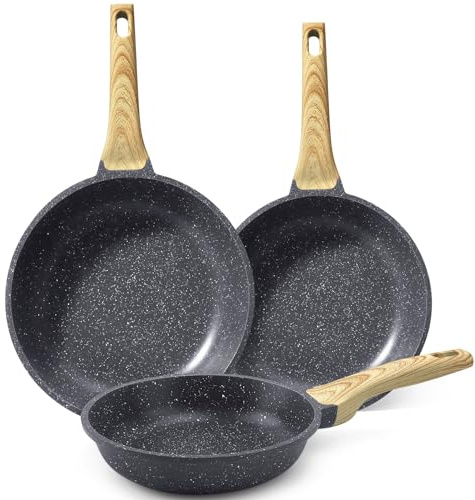 GiPP Nonstick Skillet Frying Pan,Granite Non Stick Pans,Omelette Pan with Heat-Resistant Handle,Compatible with All Stovetops,PFOA Free(Grey, 24+26+28cm)