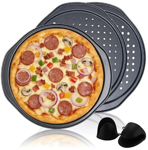 PRITOK 3-Pack 13 Inch Pizza Pan: 36×33×1.5cm Carbon Steel Pizza Trays for Oven with 2 Oven Mitts, Non-Stick Roasting Perforated, Durable Pancake Pan for Home Kitchen Baking Cooking, Dishwasher Safe