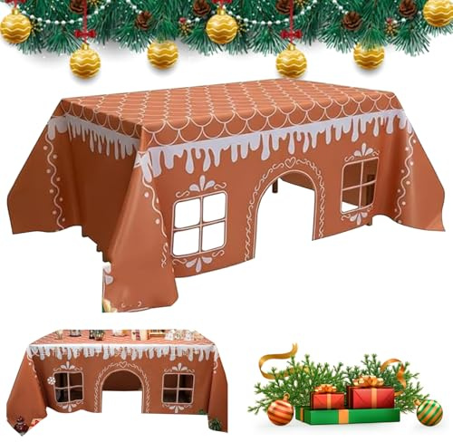 Gingerbread House Christmas Tablecloth, Funny Xmas Rectangle Table Cover Washable Stain-Resistant Christmas Gingerbread Playhouse Table Tent for Kids' Birthdays, Parties, and Holidays (230×300cm)